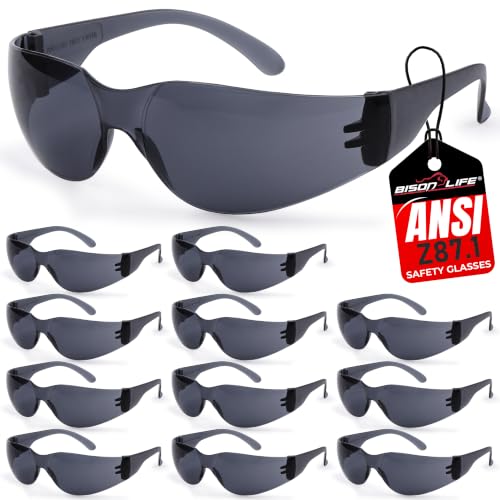 BISON LIFE BLack Safety Glasses - 12 Pairs of Scratch Resistant Eyewear, Polycarbonate Impact Resistant Lens