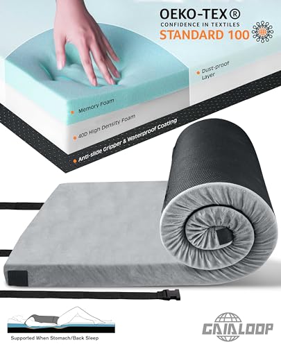 Image of GAIALOOP 3 Inch Memory Foam Camping Mattress, Dual Layer Thick Sleeping Camp Pad for Car Tent Cot, Roll-Up Portable Glamping Floor Bed for Guests Sleepover