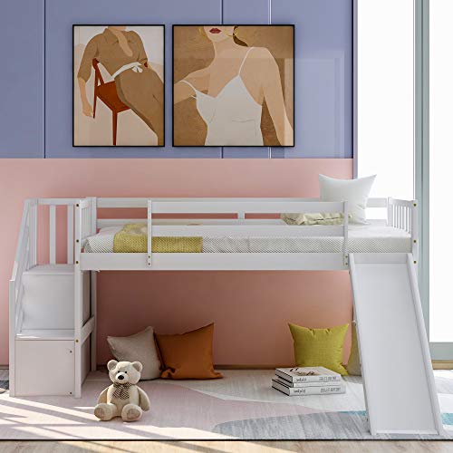 HOMMOO Loft Bed with Slide and Stair for Kids, Wood Loft Bed with Safety Guardrail, Twin Size Loft Bed Frame with Storage and Space-Saving Design (White)
