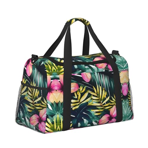 Tropical Summer Hawaiian Flower Palm Leaves print Large Canvas Travel Duffel Bag Weekender Bags for Women Overnight Bag Carry On Tote Bag3