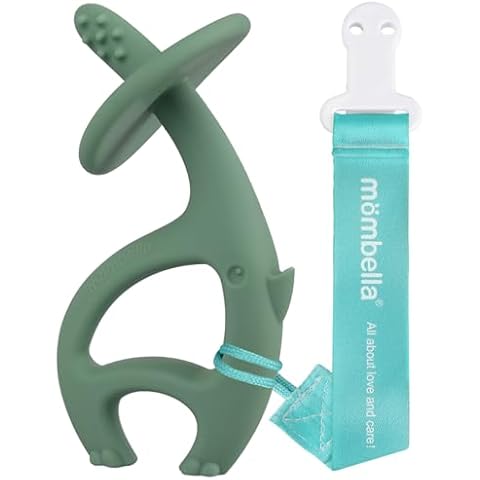 Mombella Dancing Elephant Teether Toys with Strap for 3-12 Months, Baby Teething Toys 6 to 12 Months Old with Clip, Freezable Silicone Infant Chew Toys, Easy Hold Great Gifts for Newborn, Light Green Cover