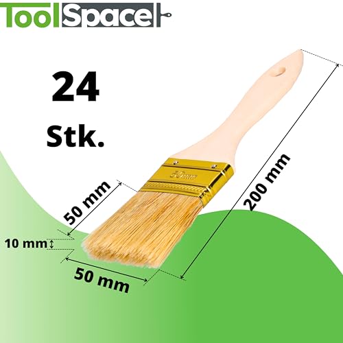 ToolSpace Pinselset Flachpinsel Set 24er Borstenpinsel 50 mm Flachpinsel-Set Naturborsten Pinsel Holz Griff Lackierpinsel Malerpinsel Lasurpinsel Streichen Wänden Malerbedarf Wandfarbe Streichpinsel