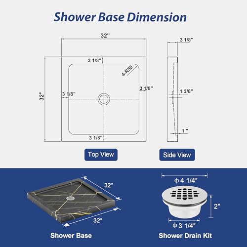 Image of KPUY 32'' L X 32'' W Shower Base Pan with Center Drain, Blackish-gray