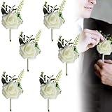 KITERI 6 Pcs Rose Wedding Boutonniere, White Rose Boutonniere Handmade Corsage Buttonhole Flowers Artificial Wedding Flower Buttonhole Corsage for Groom Men Bridal Women Suit Dress,White