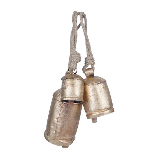 Krati Exports 3 Pc Giant Harmony Cow Bells Rustic Handmade Decorative Vintage Hanging Bells with Jute Rope (Gold Rustic, Large) - Thumbnail 7