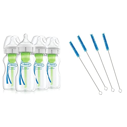 Image of Dr. Brown's Options+ Anti-Colic Baby Bottles, Four Pack, 270 ml Bottles & Dr. Brown’s Bottle Brush, Blue, 4 Count (Pack of 1)