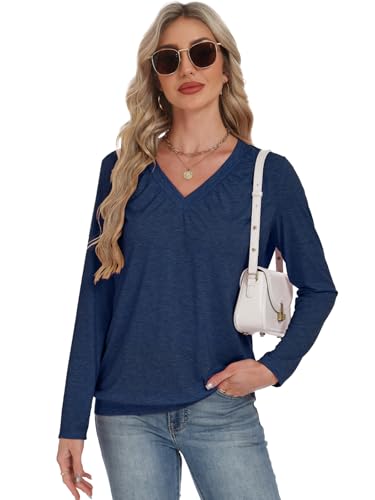 2 Pack Women Tops Long Sleeve Shirts V Neck Loose Fit Soft Casual Solid Color T-Shirts Fall Clothing4