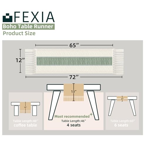 Image of FEXIA Sage Green Table Runner 72 Inches Long with Tassels Boho for Summer Home Decor Rustic Macrame Farmhouse Table Cover for Wedding Party Bohemian Bridal Shower Dining Decorations(12x72 Inches)