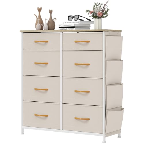 YITAHOME Comoda 8 Cajones,Cajonera de Tela con Bolsillos Laterales,Sinfonier,Robusta Estructura metálica,Cómoda con Tapa de Madera,Beige