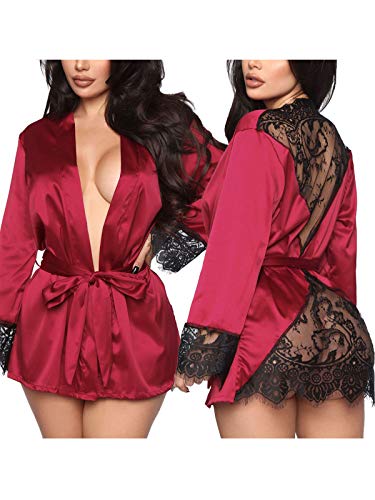 Women's Sexy Lace-Trim Robe Long Sleeve Satin Kimono Sleepwear Bridesmaid Wedding Party Nightwear