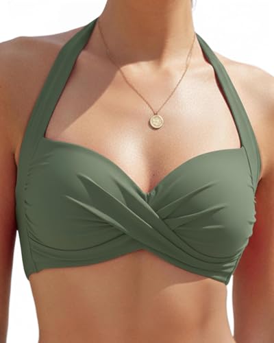 Women's Halter Bikini Top Twist Front Knot Push Up Padded Swim Tops Only Bathing Suit for Women Olive