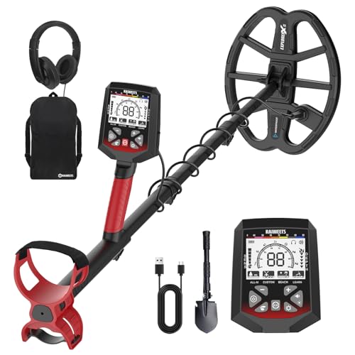 KAIWEETS Detector de Metales Profesional Adultos y Niños, 5 Modos, Bobina DD Impermeable IP68, Palo Telescópico Compacto, Pantalla LCD Retroiluminada, Batería Recargable (Rojo)