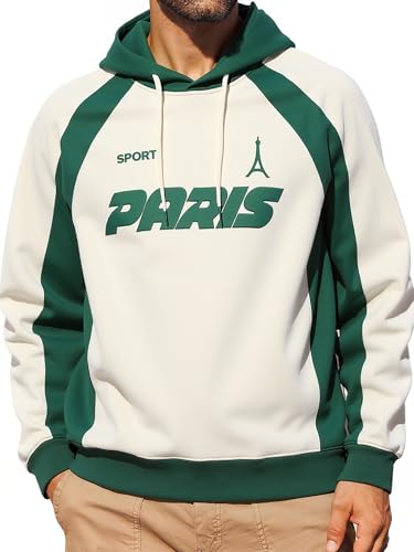 ZAFUL Men’s Fuzzy Embroidered Graphic Hoodie – Fluffy Faux Fur Fleece Pullover with Contrast Piping, Coffee Black White Green