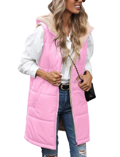 Tuopuda Steppweste Damen Lange Leichte Weste mit Kapuze Ärmellos Winterjacke Warm Übergangsweste Jacke Kapuzenweste Winteroberbekleidung Reißverschluss, Rosa, XL