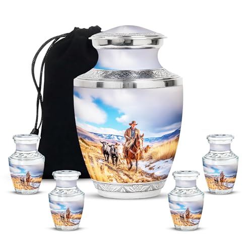 Image of Cowboys Urn Funeral Cremation Urns 1 Large & 4 Small | Burial Urn Adult Ash Man & Women, Decorative Urns, Large Decorative Urn