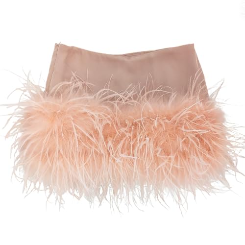 LVCOMEFF Satin Silk Mini Skirt with Feather Trim Skirt Low Waisted A-Line Short Skirt Y2k Club Outwear (US Alpha Small Regular Regular Pink)