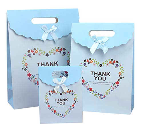 Happiest Thank you ギフトバッグ（大・中・小3サイズセット）かわいい リボン 紙袋 プレゼント ラッピング 手提げ トートバッグ (ブルー)