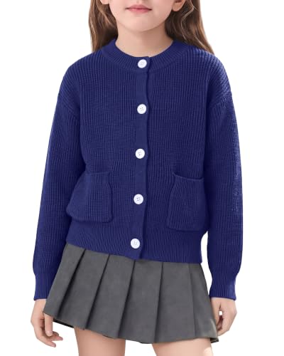 Image of Girls Cardigan Chunky Knit Uniform Sweater with Pockets 5-14Y