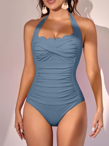 Image of Eomenie Women One Piece Tummy Control Swimsuit Halter Scallop Trim Bathing Suits 1 Piece Vintage Ruched Slimming Swimwear