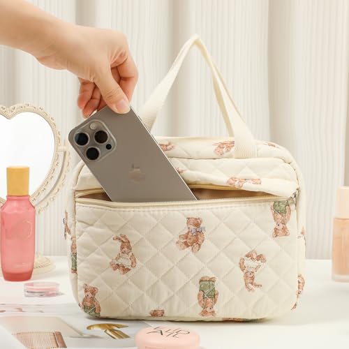 Large Size Quilted Coquette Makeup Bag, Cute Preppy Floral Cotton Travel Cosmetic Organizer Bag with Top Handle, Multi-Layer Travel Toiletry Pouch for Girls (04Bear)4