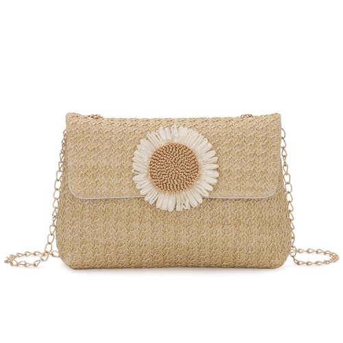 Ynport Crefreak Damen Stroh Clutch Tasche - Gewebte Umhängetasche für Sommer, Strand & Reisen, Rattan Handtasche Geldbörse für Damen, Aprikose