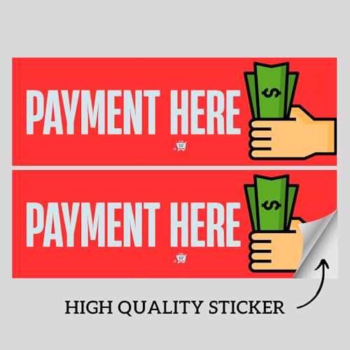 Image of Pay Here Sign Sticker Board (20.5 x 7 cm) - Peel & Stick with 4 Corner Holes - Easy Fix for Wall, Counter & Shop - Pack of 2 (Pay Here, Small - 20.5 X 7 CM)