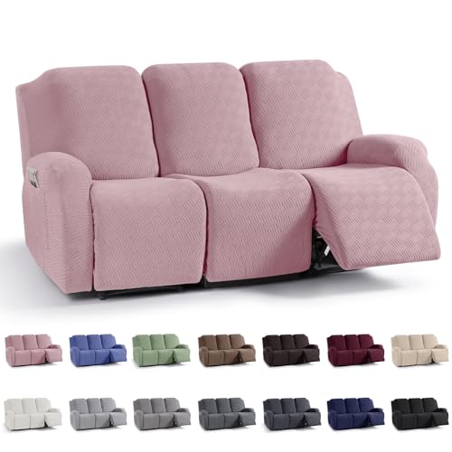 KinCam Recliner Covers, Stretch Reclining Chair Covers, Recliner Sofa Slipcovers Stripe Jacquard Recliner Couch Covers Furniture Protector Covers for Pet Kid (3 Seater, Pink)