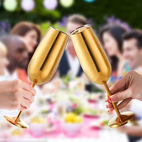 Deayou 2-Pack Unbreakable Stemmed Champagne Glasses, 18/10 Stainless Steel Champagne Flutes, 6.5 Oz Gold Champagne Flute With Stem, Shatterproof Metal Wine Goblet Cup For Cheers, Wedding, Party, Gift #TOP6