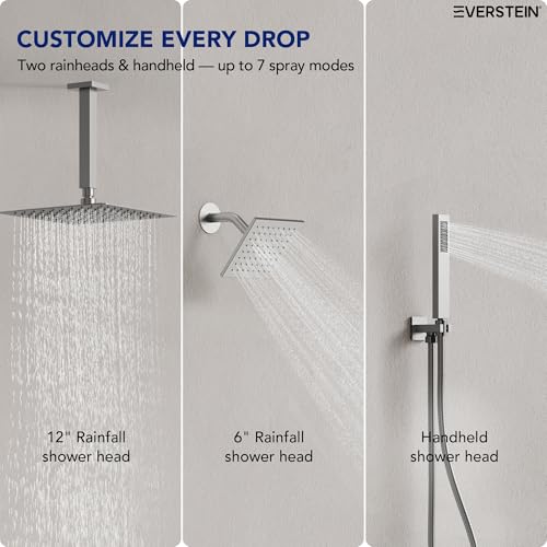Image of Ceiling Mount 12 inch High-Pressure Rainfall Shower Faucet, Dual Rainfall Shower Head System with Valve (Brushed Nickel)