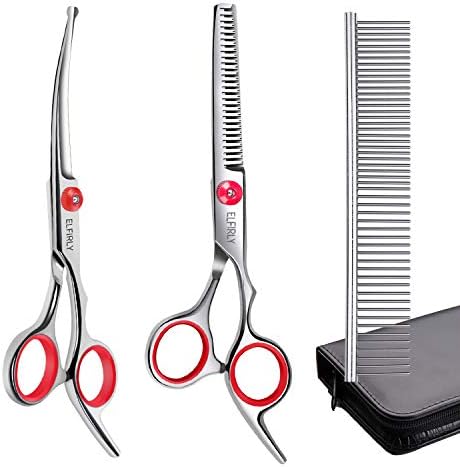 Elfirly Dog Grooming Scissors Set with Safety Round Tip (2 Pack - Curved Scissors Thinning Shears for Grooming) Pet Grooming Shears with Grooming Comb for Dogs and Cats