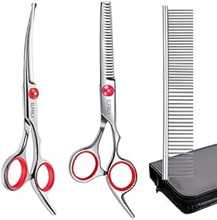 Elfirly Dog Grooming Scissors Set with Safety Round Tip (2 Pack - Curved Scissors Thinning Shears for Grooming) Pet Grooming Shears with Grooming Comb for Dogs and Cats