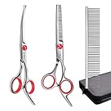 Elfirly Hundepflege-Scheren-Set mit runder Sicherheitsspitze (2er-Pack - Gebogene Scheren-Ausdünnungsschere für die Pflege) Tierpflege-Schere mit Pflegekamm für Hunde und Katzen