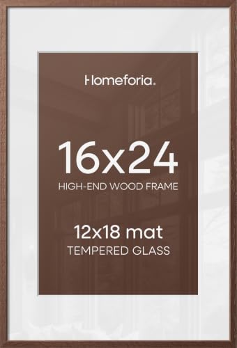 Homeforia 16x24 Brown Oak Picture Frame, High-End Wood, 12x18 Mat, Glass