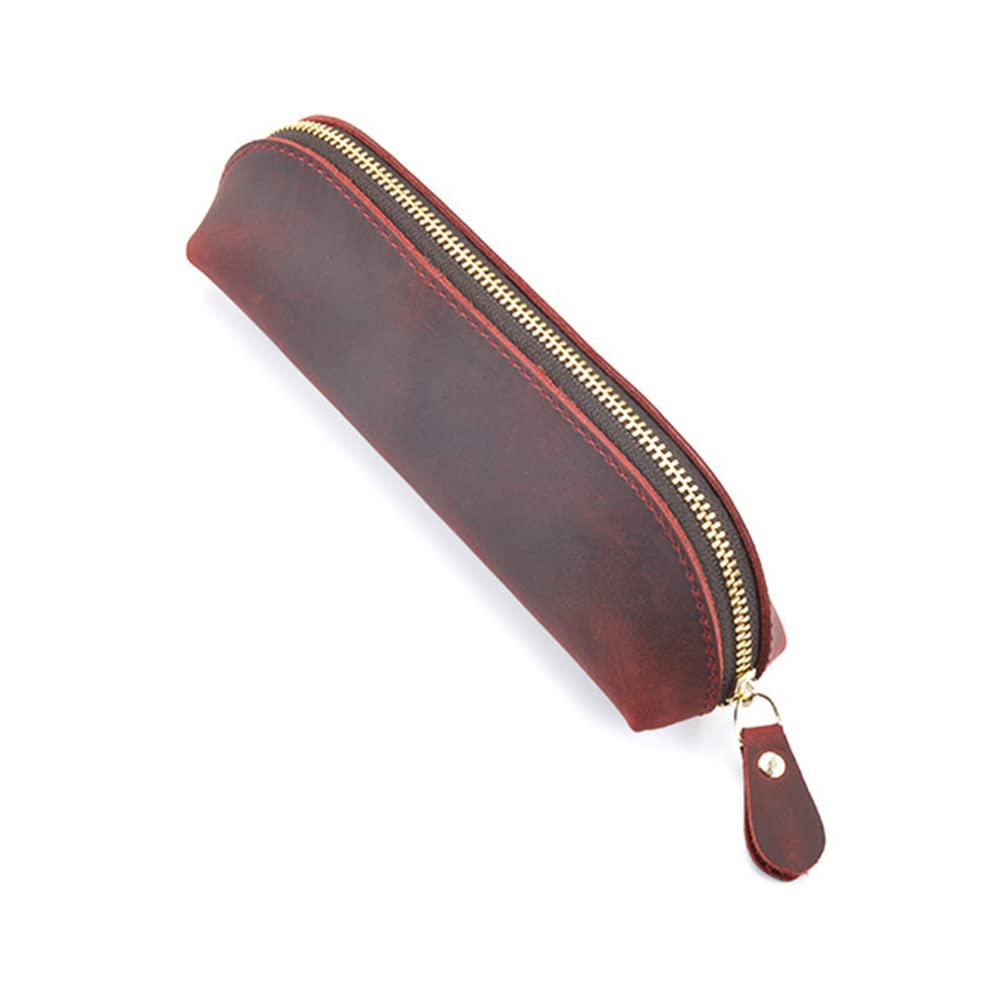 Genuine Leather Pencil Case Stationery Bag Unique Design Zippered Pen Pouch for School Work Office(Red)