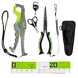 Booms Fishing TK1U 4pcs Fishing Tool Kit, Needle Nose Fishing Pliers Saltwater, Fish Lip Gripper, Fishing Scissors with Retractor, Fish Ruler, Fishing Gifts for Men, Ice Fishing Accessories, Green