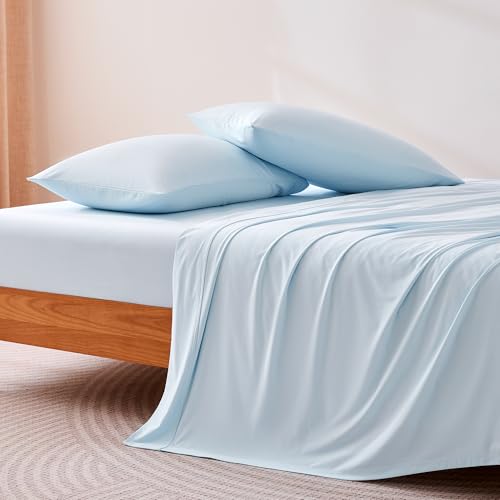Image of Amazon Basics Cooling Sheets, 4-Piece Bed Sheet Set for Summer, Soft and Breathable for Hot Sleepers, Bedding with 1 Deep Pocket Fitted Sheet, 1 Flat Sheet, and 2 Pillowcases, Full, Blue