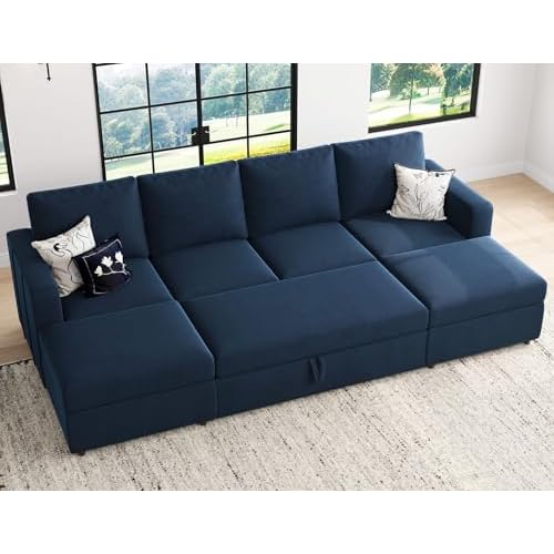 Belffin Modular Sectional Sleeper Sofa Bed with Pull Out Couch, U Shaped Sleeper Pull Out Bed, Convertible Sectional Couches for Living Room, Blue Sleeper Sofa 5 Blue