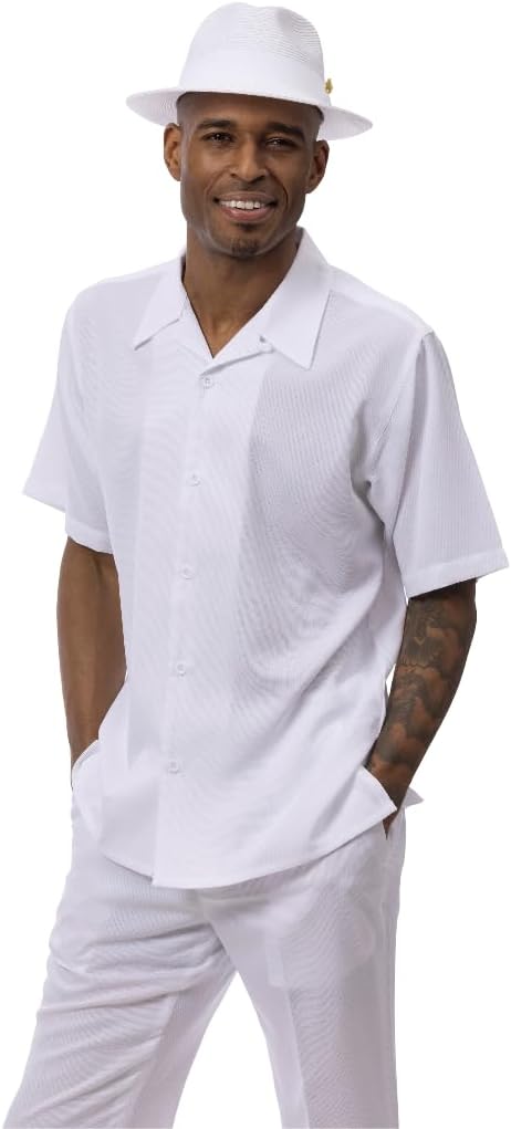 MONTIQUE Walking Suit For Men 2 Piece Set - Short Sleeve Shirt and Long Pants, Solid Colors - LN77