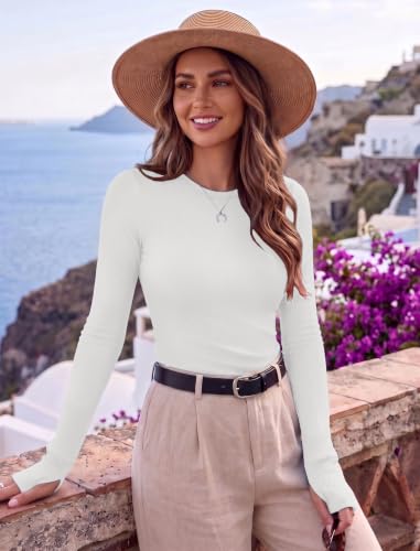 Ekouaer Long Sleeve Shirts for Women Ribbed Base Layer with Thumb Holes - image 3