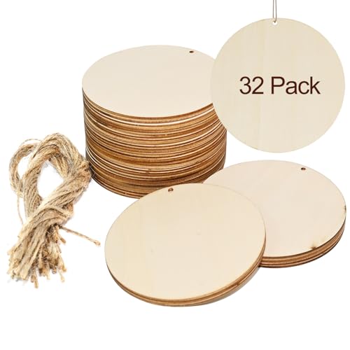 32Pack 4 Inch Round Wooden Discs for Crafts DIY Projects Wooden Door Hanger Signs and Painting Holiday Decorations
