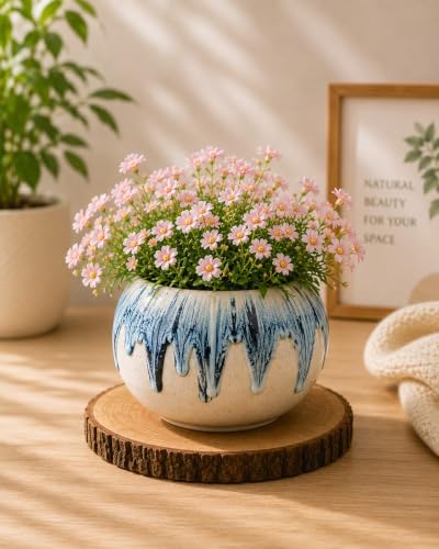 Image of Ceramic Plant Pots, Clay Flower Pot with Drainage Hole, Decorative Modern Indoor Planters, Home Garden Decor for Living Room Bedroom Interior| Set of 1 (Blue)