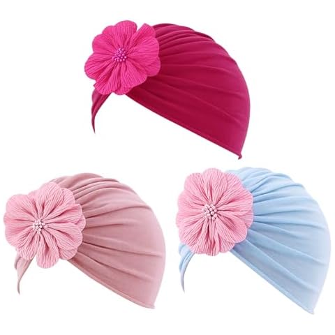 Surkat 3 Piece Baby Large Flower Knot Donut Bow Beanie Turban Muslim Turban Infant Toddlers Hats Cover