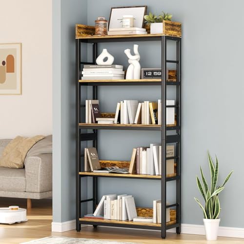 Image of 5-Tier Kitchen Organizer Rack Shelf | Heavy Duty Metal & Wooden| Industrial Bookcase | Kitchen Storage Office & Living Room | Rustic Brown & Black | 80x30x166 cm