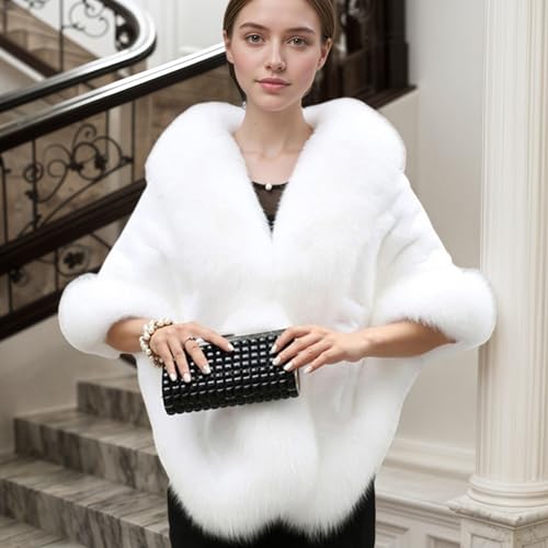Women\'s Winter Faux Fur Wedding Bride Wrap Shawl Cape Cloak Evening Jacket PS37 White - Thumbnail 2