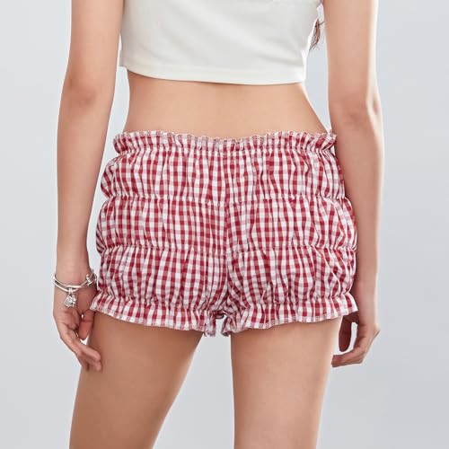 Image of Women Y2k Gingham Boxer Shorts Plaid Striped Cute Mini Bloomers Elastic Waist Loose Fit Summer Shorts
