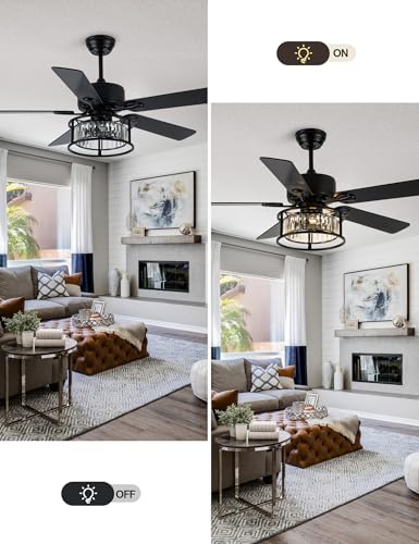 Image of 52'' Black Chandelier Fan Crystal Farmhouse Ceiling Fan with Light