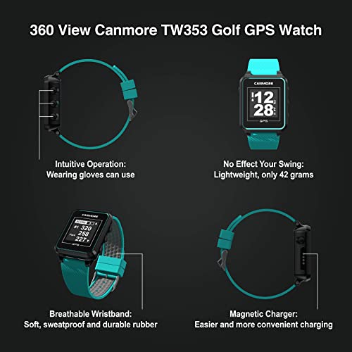 Canmore Tw353 Golf Gps Watch For Men And Women, High Contrast Lcd Display, Free Update Over 40,000 Preloaded Courses Worldwide, Lightweight Essential Golf Accessory For Golfers, Black/Gray/Turquoise #TOP4