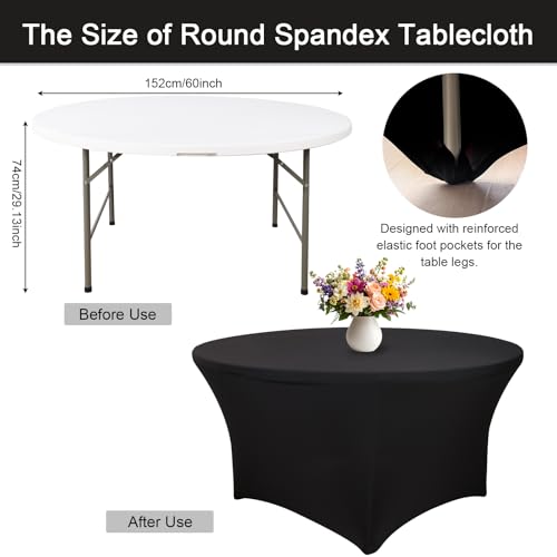 Image of Fixwal 4 Pack 60 Inch Round Tablecloth, Fitted Spandex Round Table Cloths - Washable Black Stretchable Table Cover, Elastic Fabric for Wedding, Party, Restaurant, Christmas, Thanksgiving