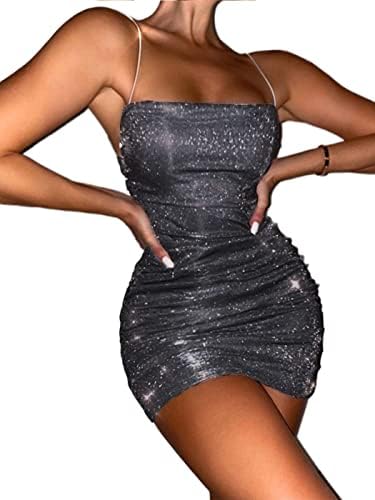 EVILD Spaghetti Strap Ruched Mini Dress Glitter Bodycon Dress Club Sparty Cami Dress Sexy Hip Skirt Hot Party Outfit Clubwear for Women (M, Black)