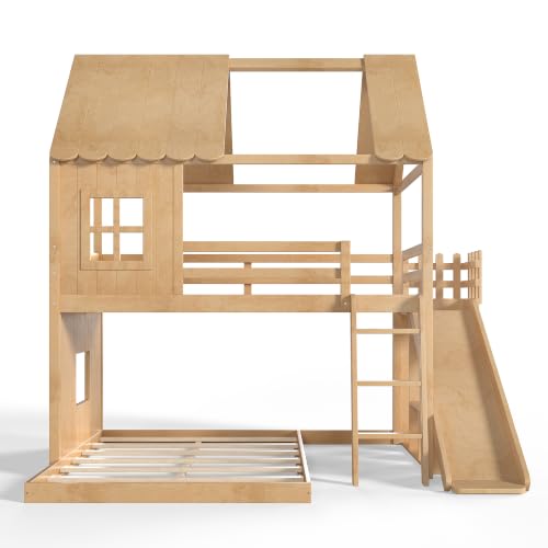 Image of Bellemave Bunk beds Full Over Full with Slide,Ladders,Bookshelf and Wardrobe House roof Design, Low bunk /loft Bed for Kids, Natural